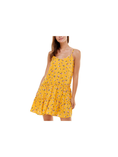 AS U WISH Womens Yellow Unlined Double Ruffled Tiers Pullover Floral Spaghetti Strap Scoop Neck Short Shift Dress Juniors XL