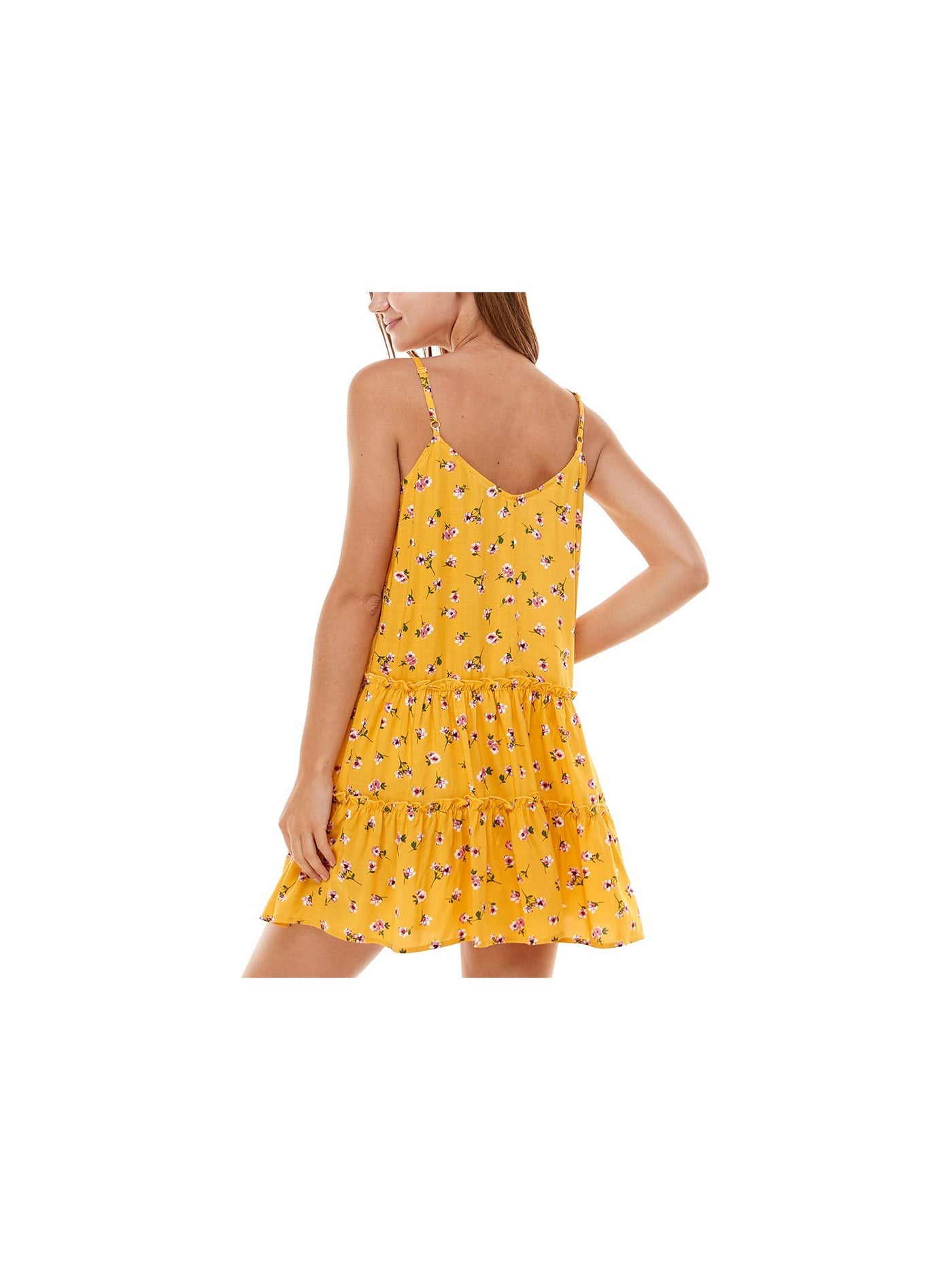 AS U WISH Womens Yellow Unlined Double Ruffled Tiers Pullover Floral Spaghetti Strap Scoop Neck Short Shift Dress Juniors XL