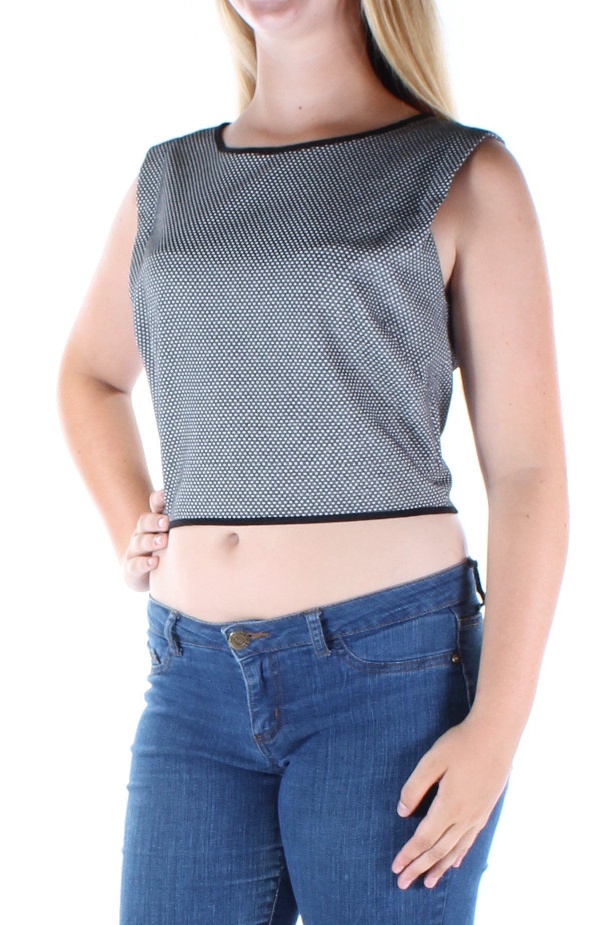 KIIND OF Womens Gray Polka Dot Sleeveless Crew Neck Crop Top