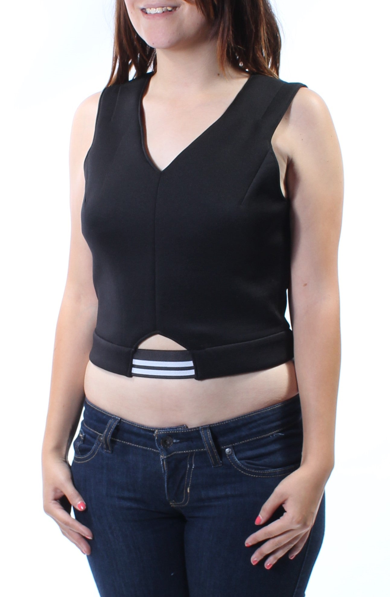 KIIND OF Womens Black Sleeveless V Neck Crop Top
