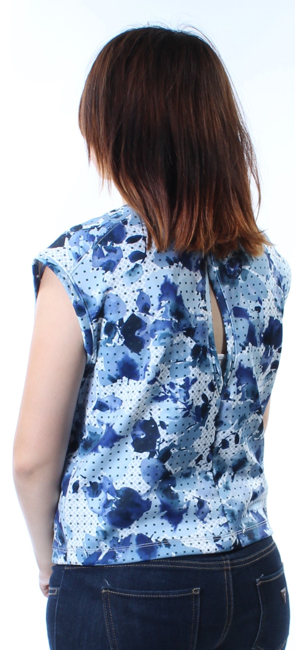 KIIND OF Womens Blue Cut Out  Back Floral Cap Sleeve Jewel Neck Top