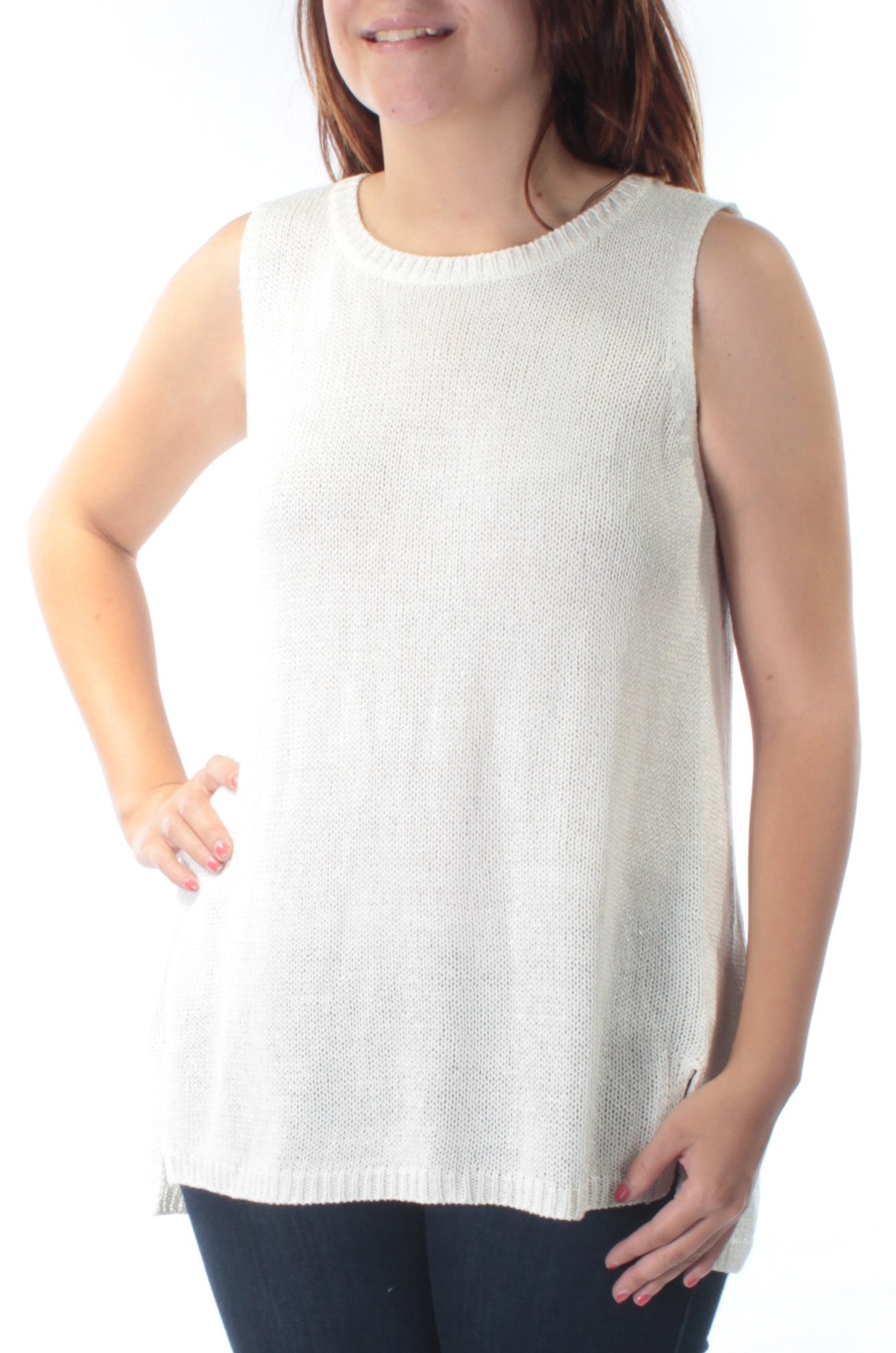 BAR III Womens White Sheer Flyaway Back Sleeveless Jewel Neck Tunic Top