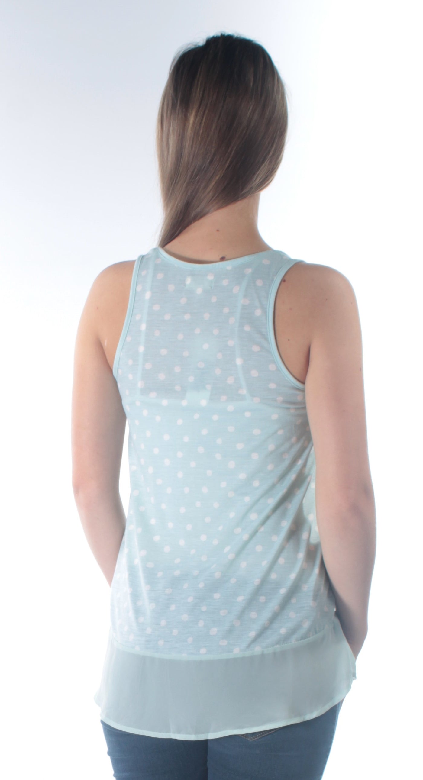 MAISON JULES Womens Light Blue Ruffled Polka Dot Sleeveless Scoop Neck Top