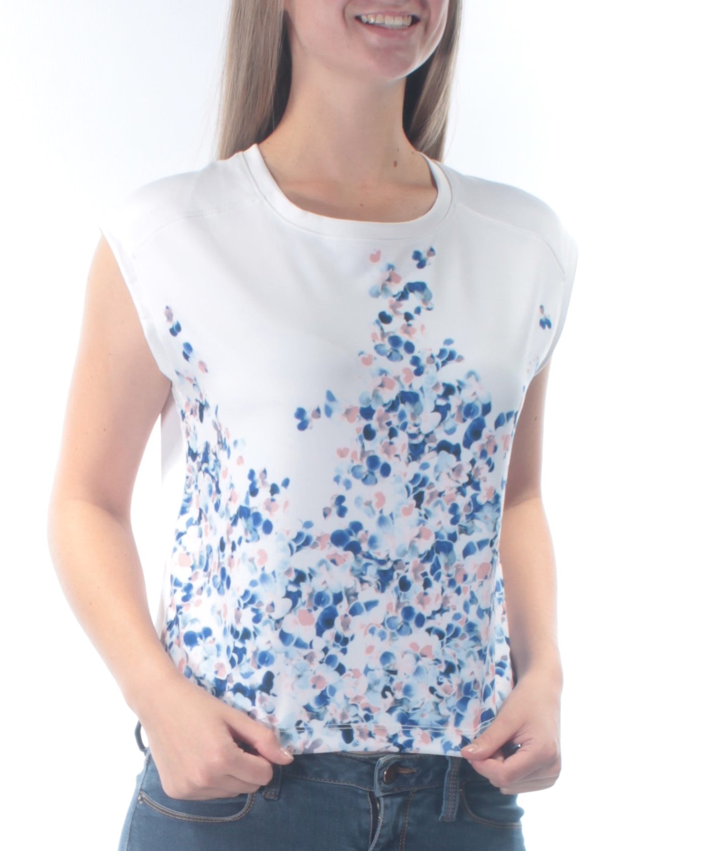 KIIND OF Womens White Floral Cap Sleeve Jewel Neck Top