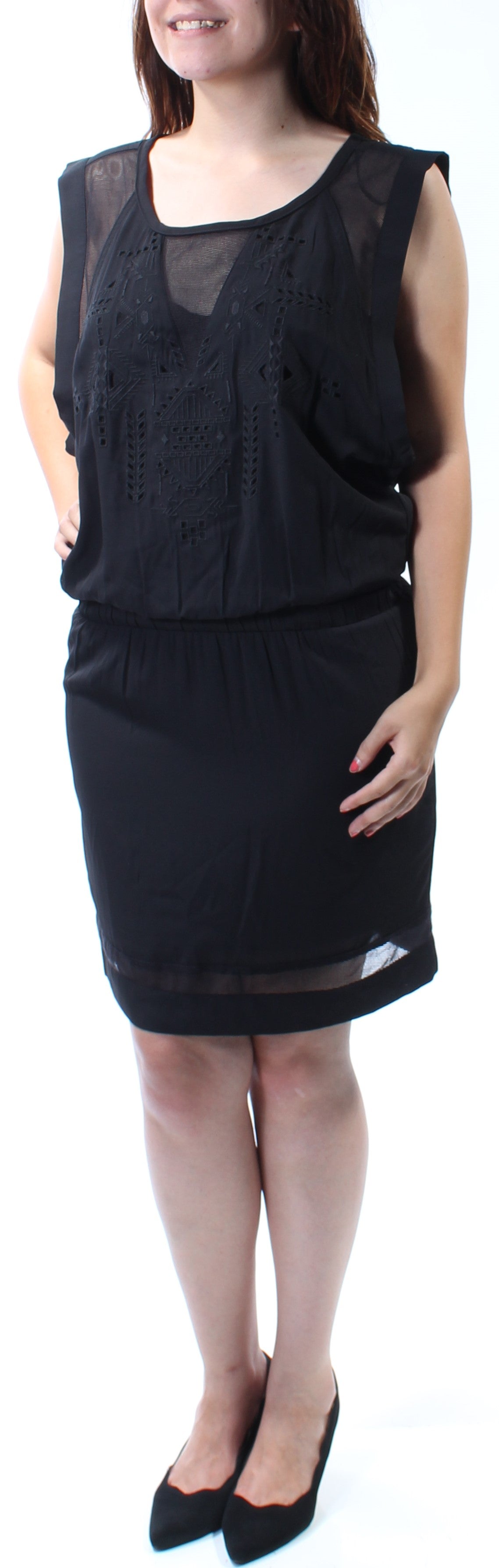 KIIND OF Womens Black Cut Out Sleeveless V Neck Above The Knee Blouson Dress