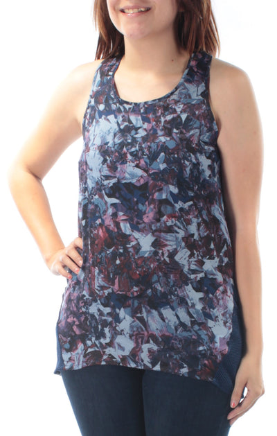 KIIND OF Womens Blue Racerback  Mesh Printed Sleeveless Jewel Neck Hi-Lo Top