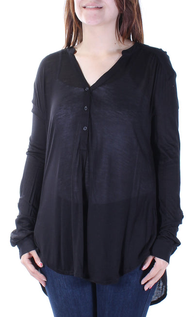 MAISON JULES Womens Black Sheer Three Button Placket Roll-tab Sleeve V Neck T-Shirt