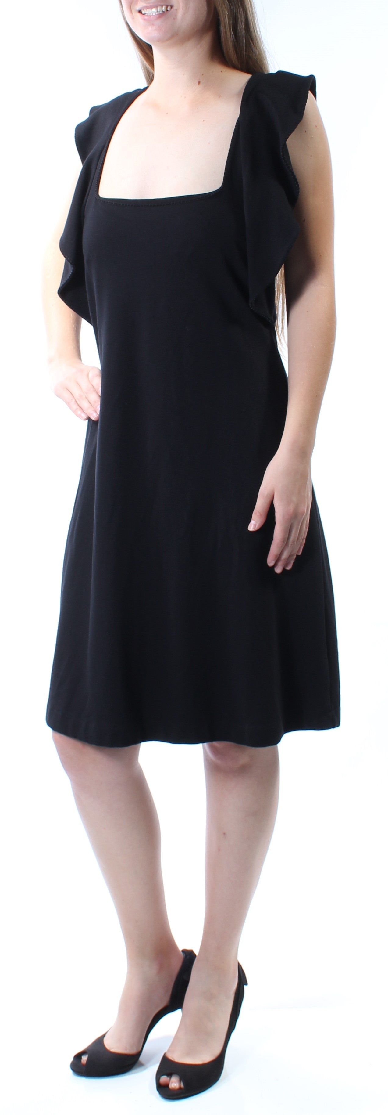 FRENCH CONNECTION Womens Zippered Ruffled Cap Sleeve Square Neck Knee Length Party Fit + Flare Dress
