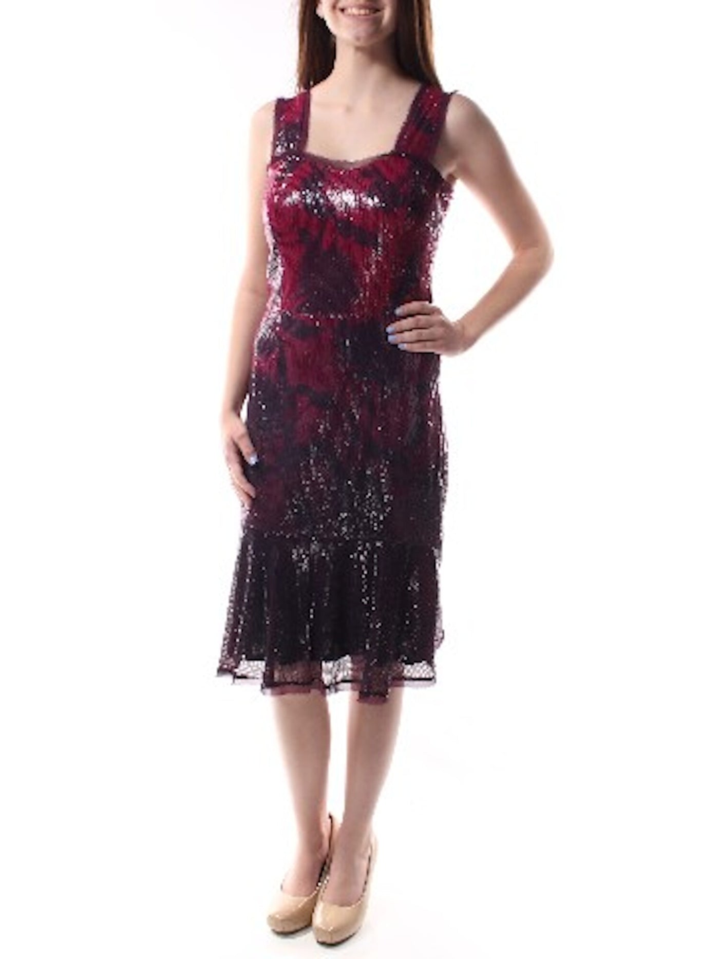 RACHEL ROY Womens Burgundy Sequined Sleeveless Scoop Neck Midi Party Shift Dress