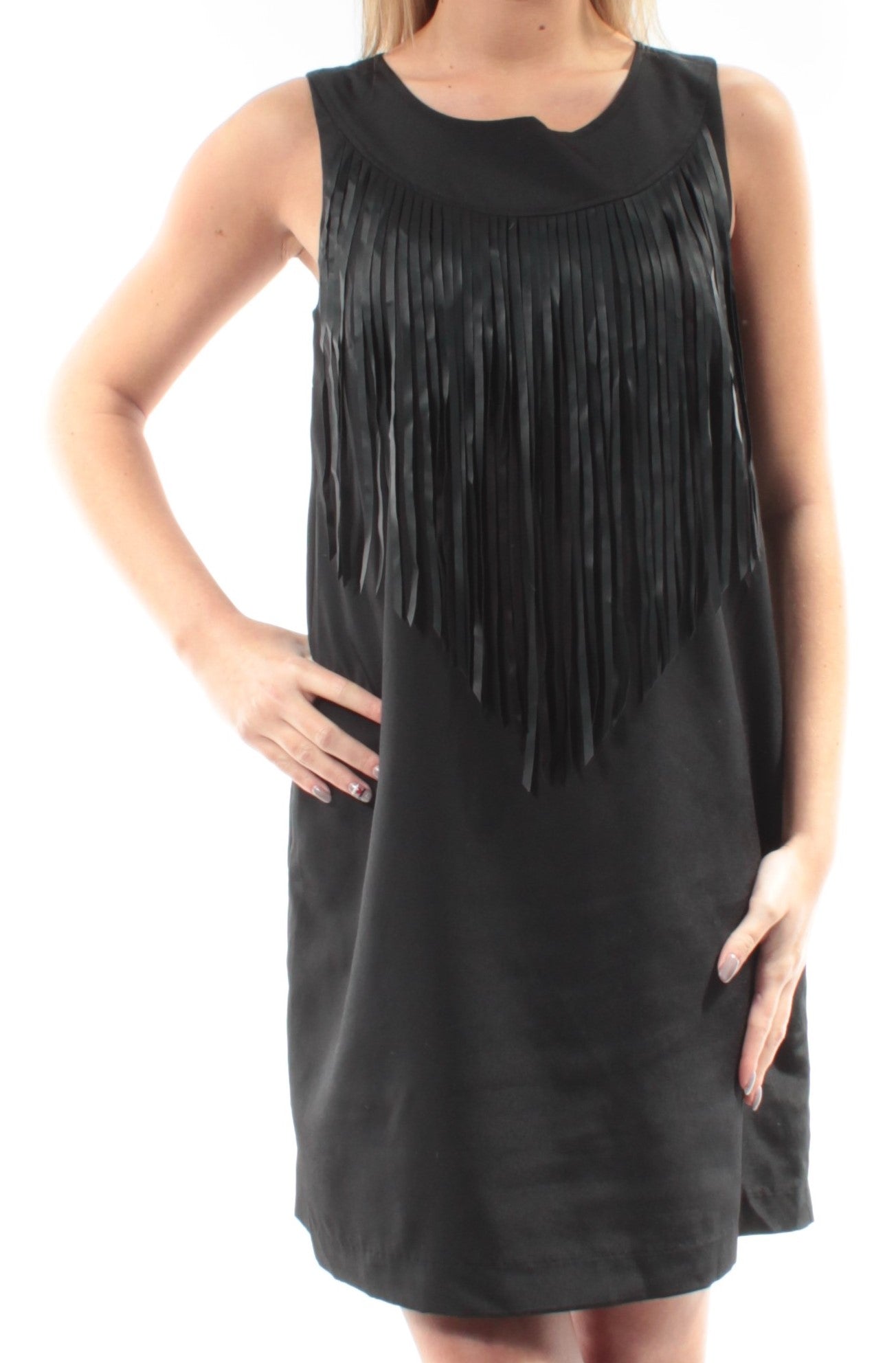 KENSIE Womens Black Fringed Sleeveless Scoop Neck Below The Knee Shift Dress