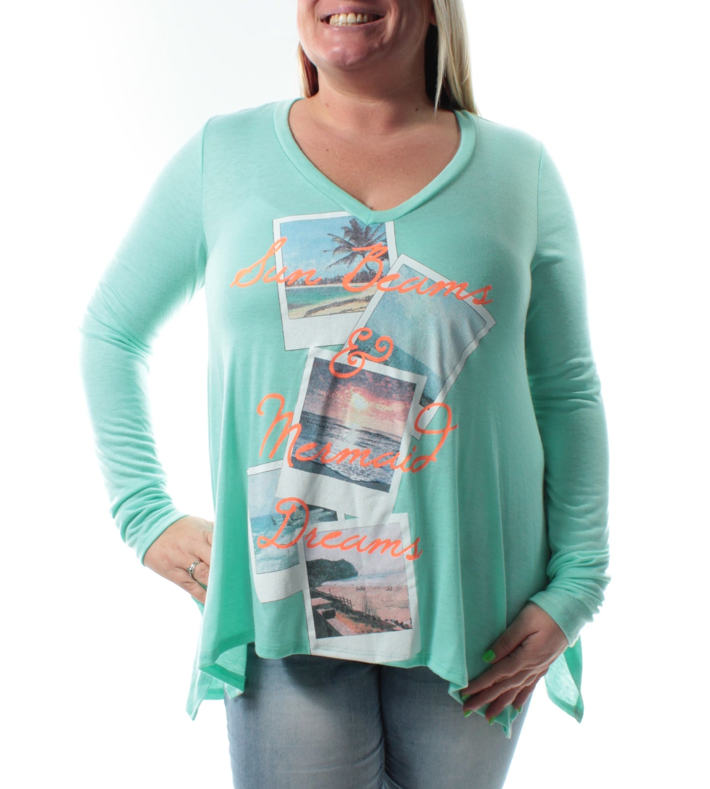 BELLE DU JOUR Womens Green Beach Pictures w/ Sun Beams & Mermaid Dreams Long Sleeve V Neck Top