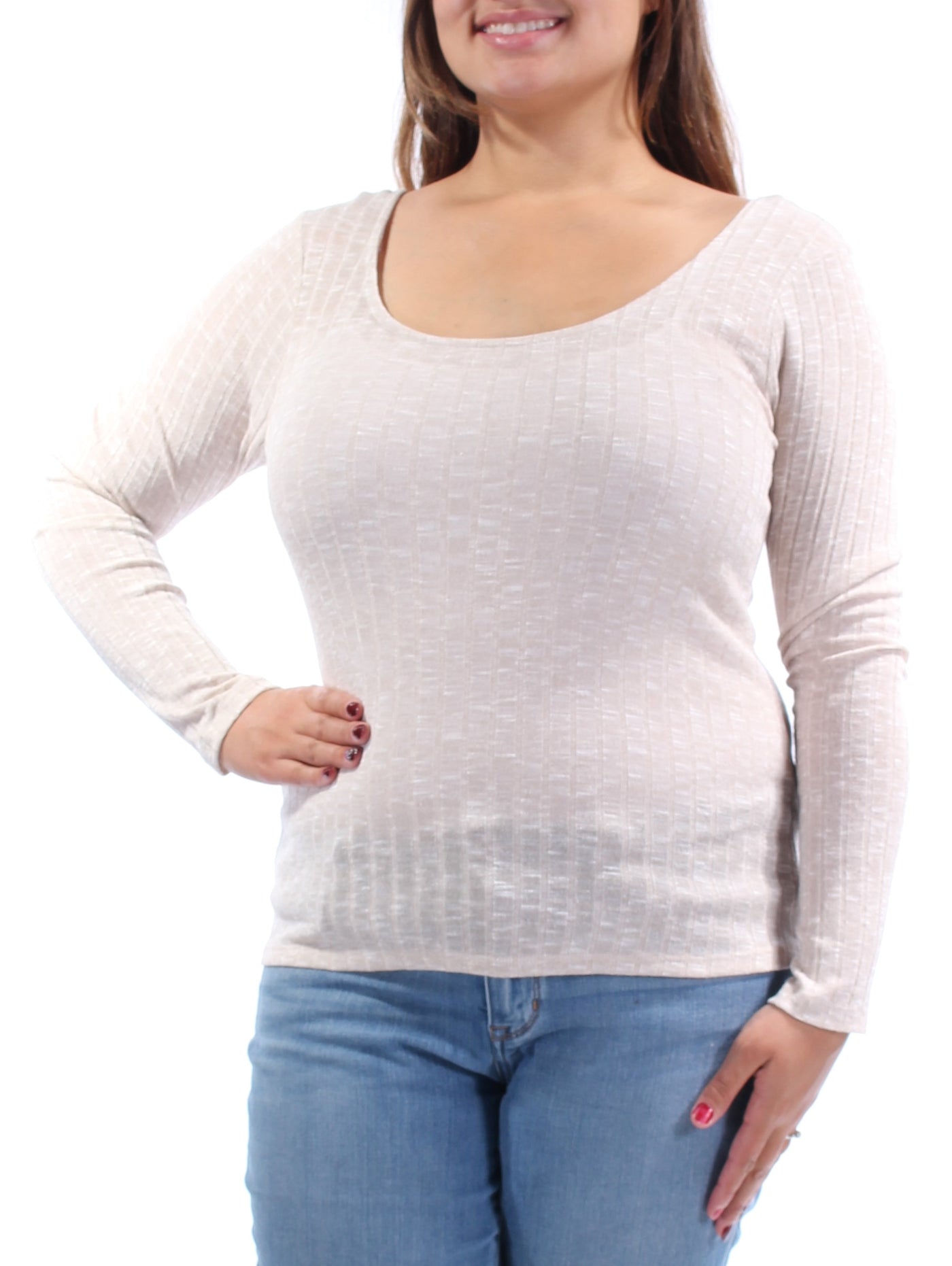 ULTRA FLIRT Womens Beige Striped Long Sleeve Scoop Neck Sweater