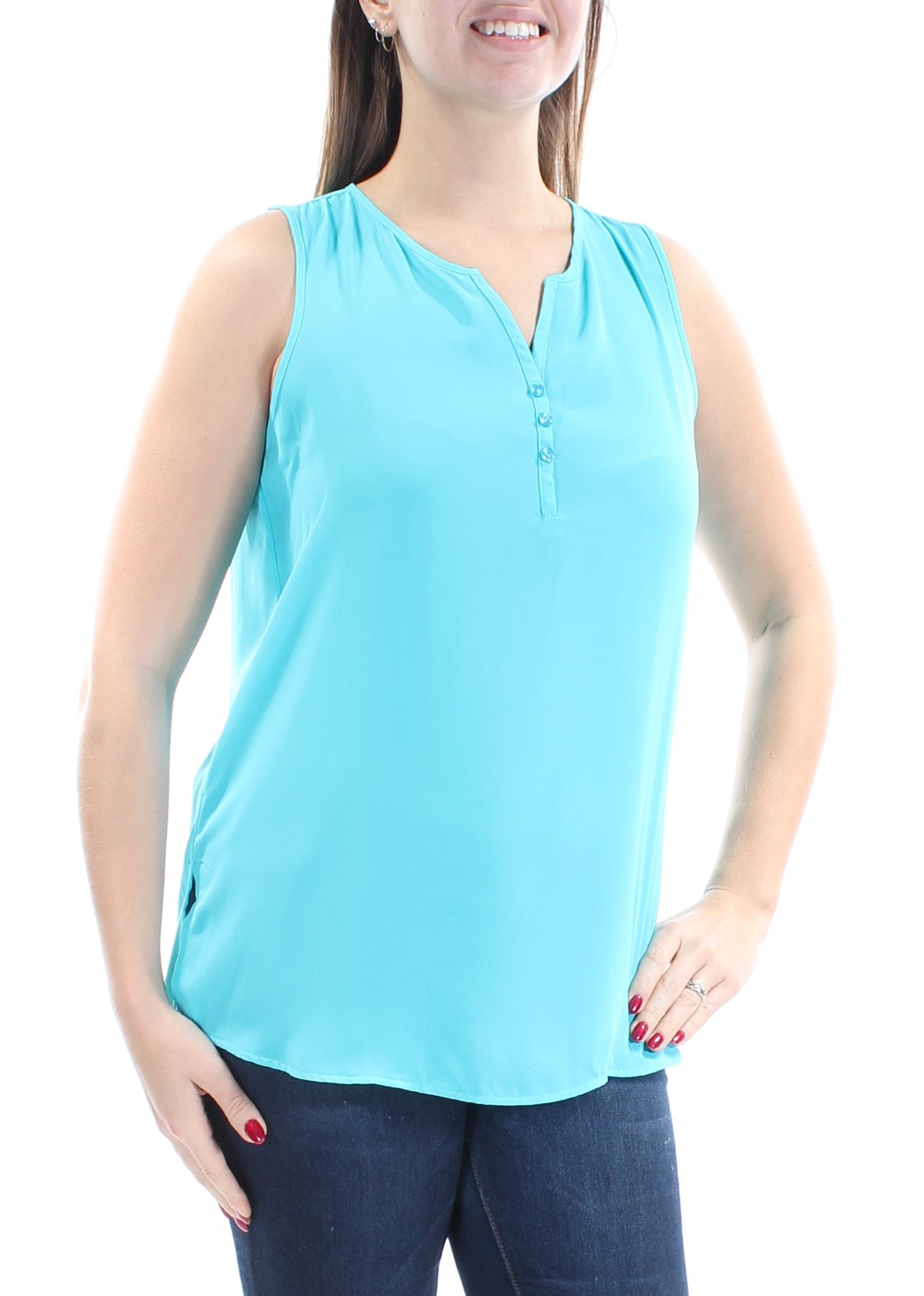 HIPPIE ROSE Womens Turquoise Sleeveless V Neck Wear To Work Hi-Lo Top