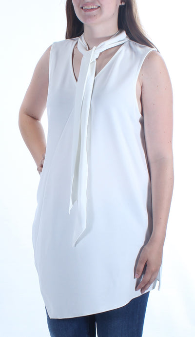 ALFANI Womens White Tie Neck Sleeveless V Neck Blouse