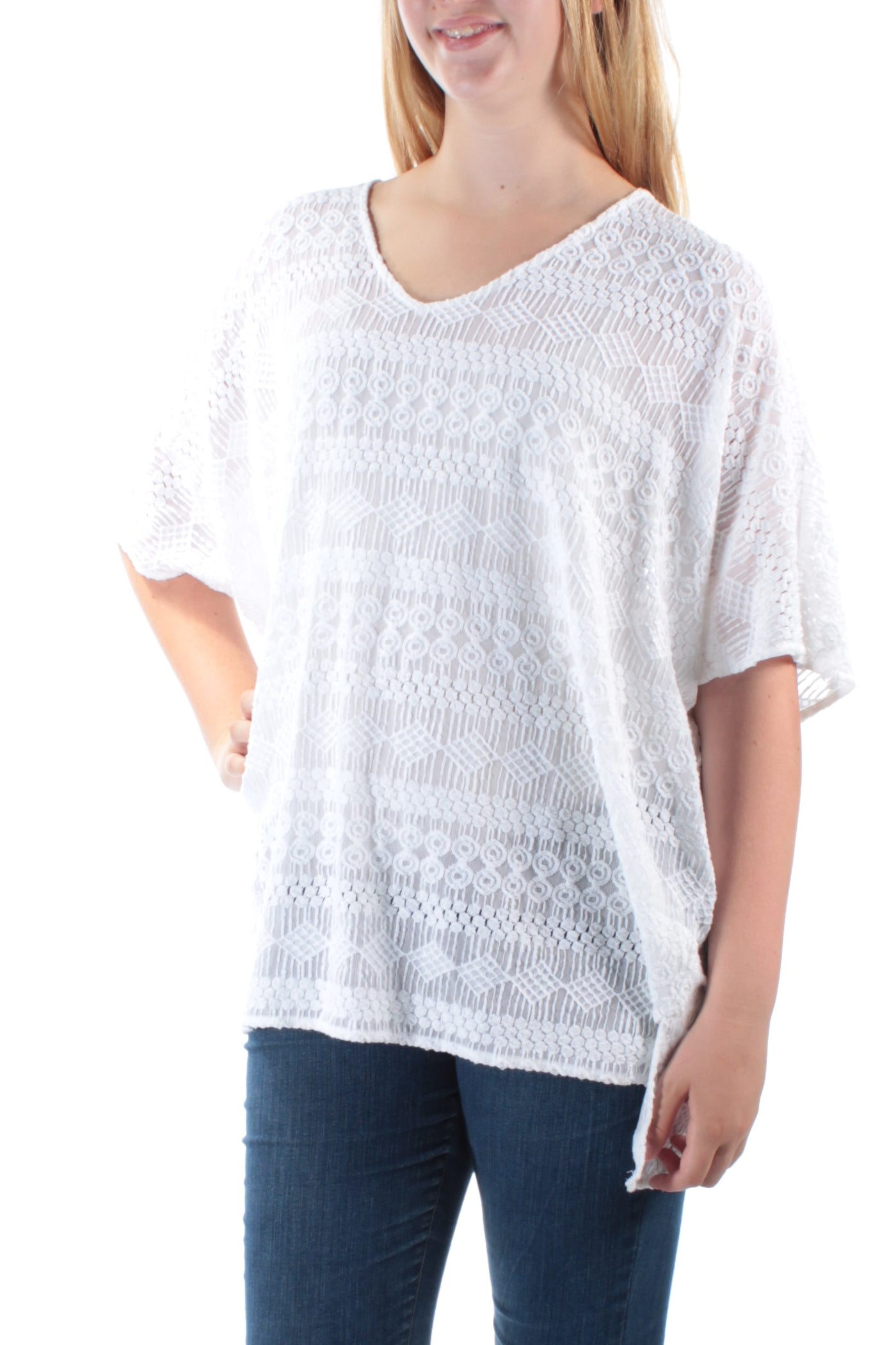 ALFANI Womens White Lace Dolman Sleeve Scoop Neck Top