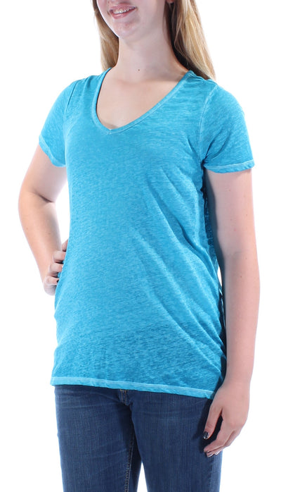 INC Womens Blue Short Sleeve V Neck Hi-Lo Top