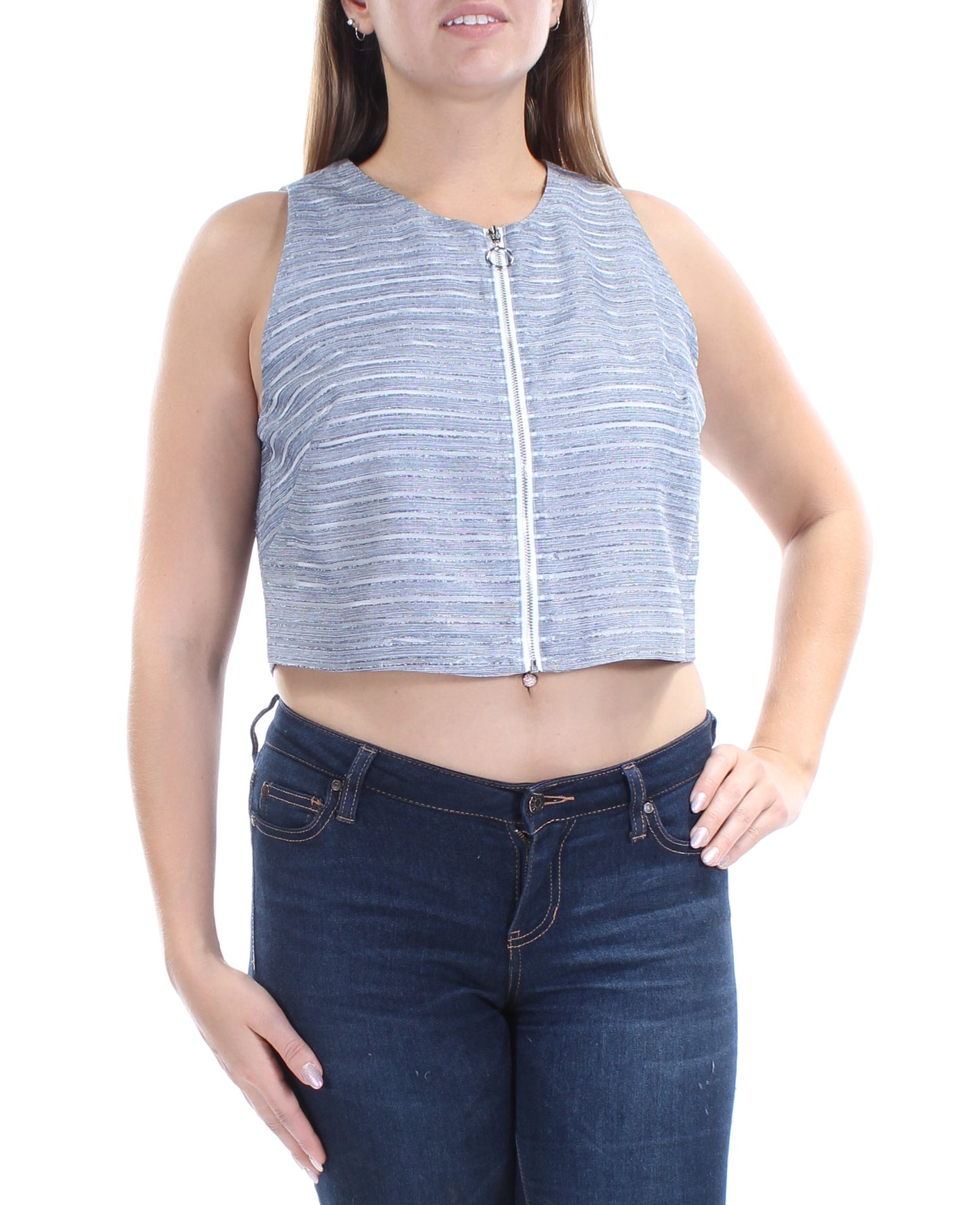 RACHEL ROY Womens Blue Zippered Striped Sleeveless Jewel Neck Crop Top