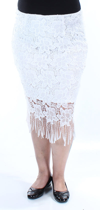 BAR III DRESSES Womens White Fringed Lace Floral Below The Knee Pencil Skirt