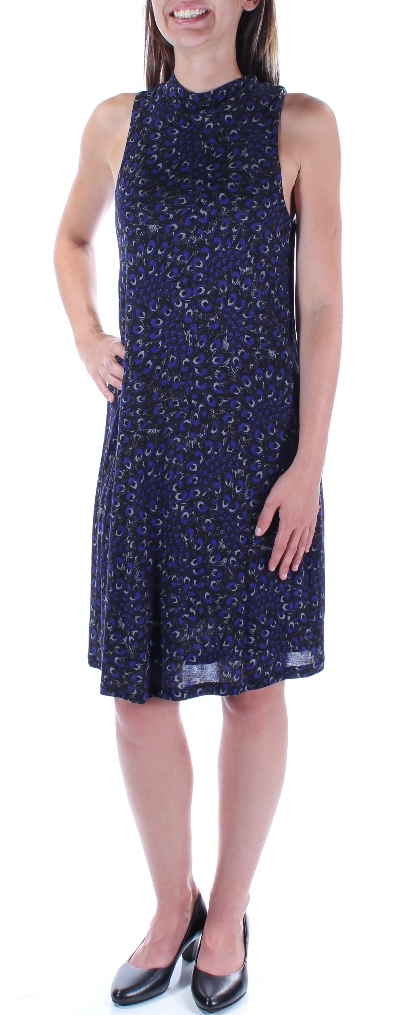 KENSIE Womens Blue Paisley Short Sleeve Turtle Neck Above The Knee Sheath Dress