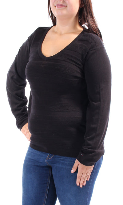 TOMMY HILFIGER Womens Black Long Sleeve V Neck Sweater