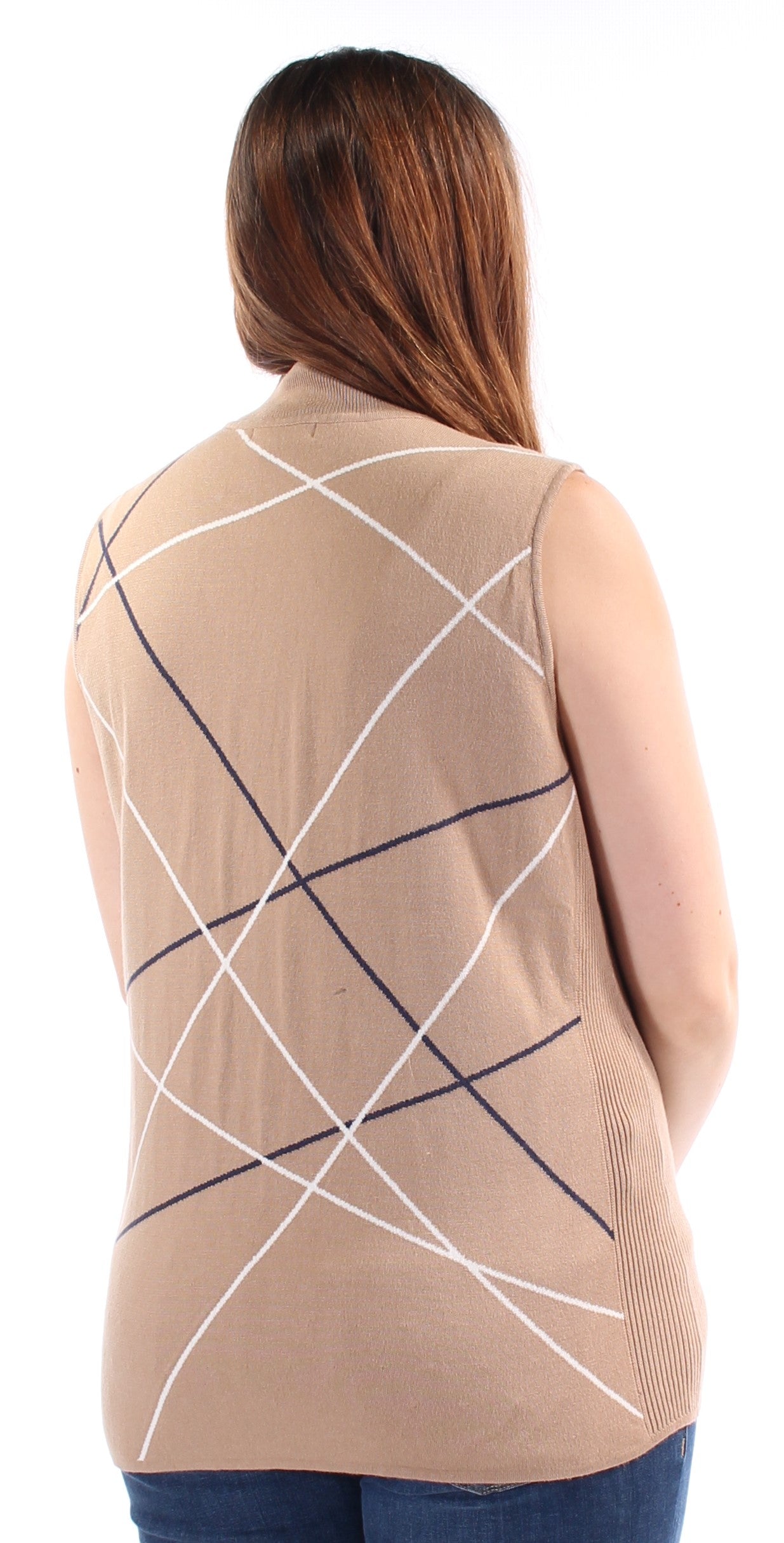 ALFANI Womens Beige Geometric Sleeveless Turtle Neck Vest Sweater