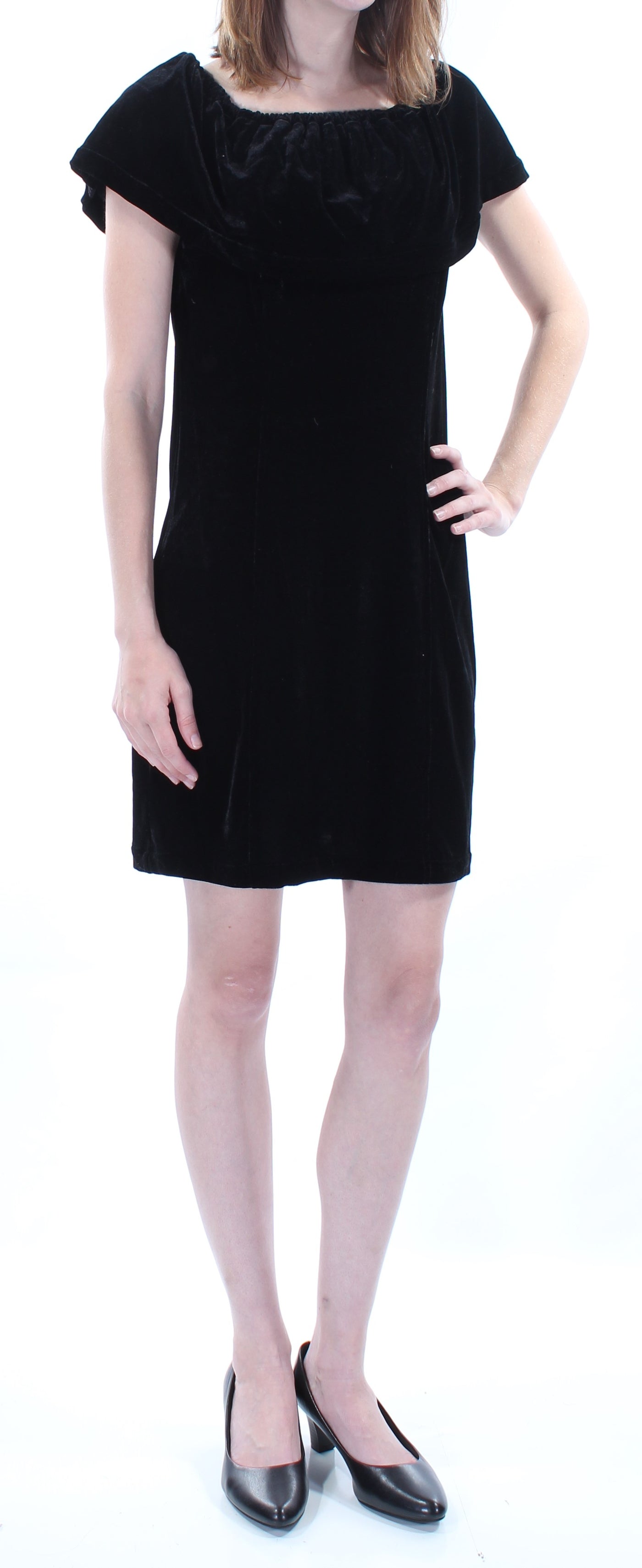 KENSIE Womens Black Velvet Cap Sleeve Jewel Neck Above The Knee Shift Dress