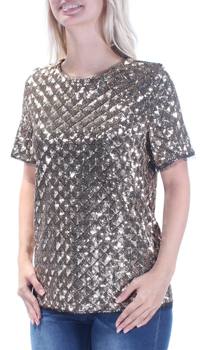 BAR III Womens Sequined Short Sleeve Jewel Neck Party Top