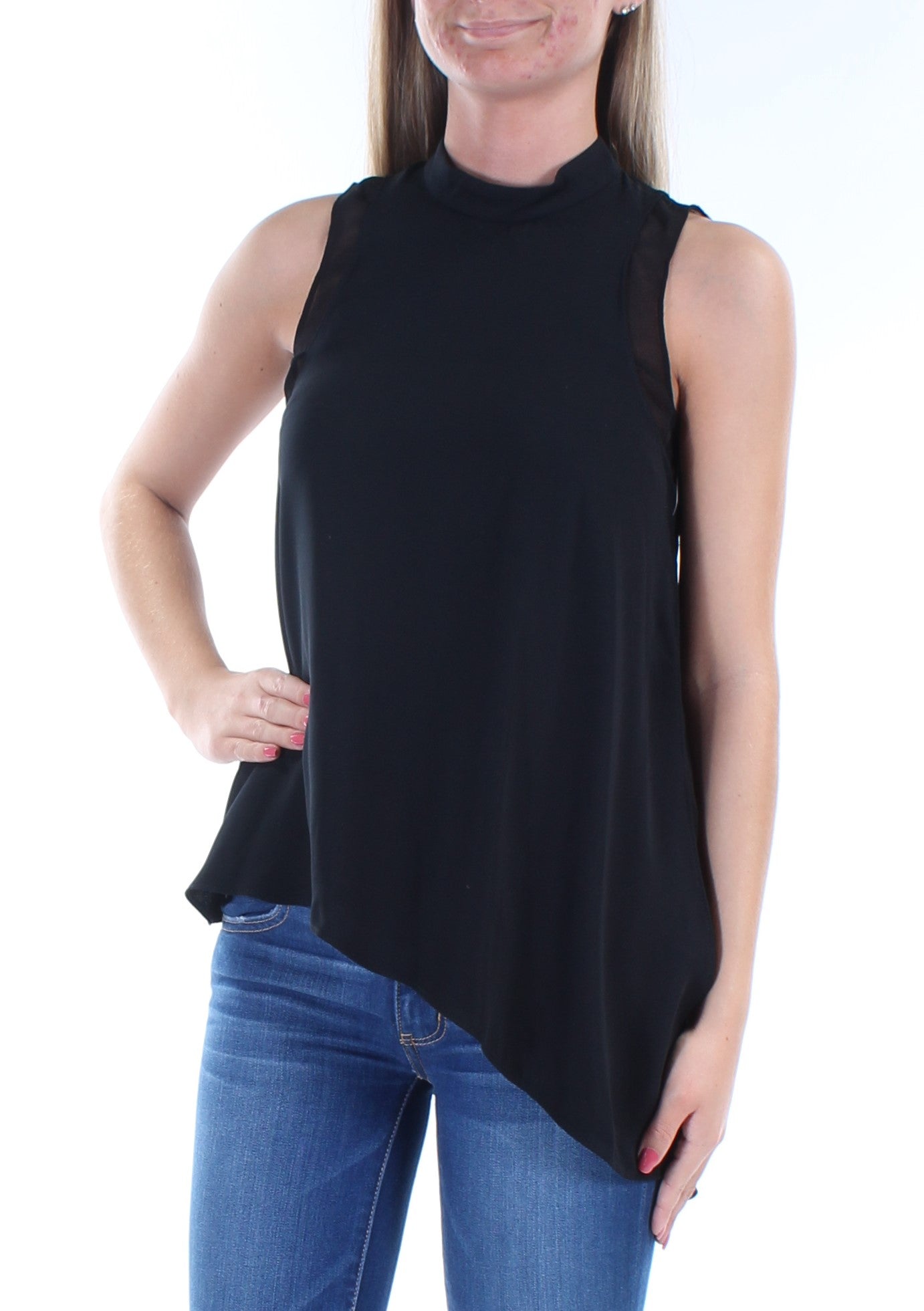 RACHEL ROY Womens Black Asymmetric Hem Sleeveless Turtle Neck Top