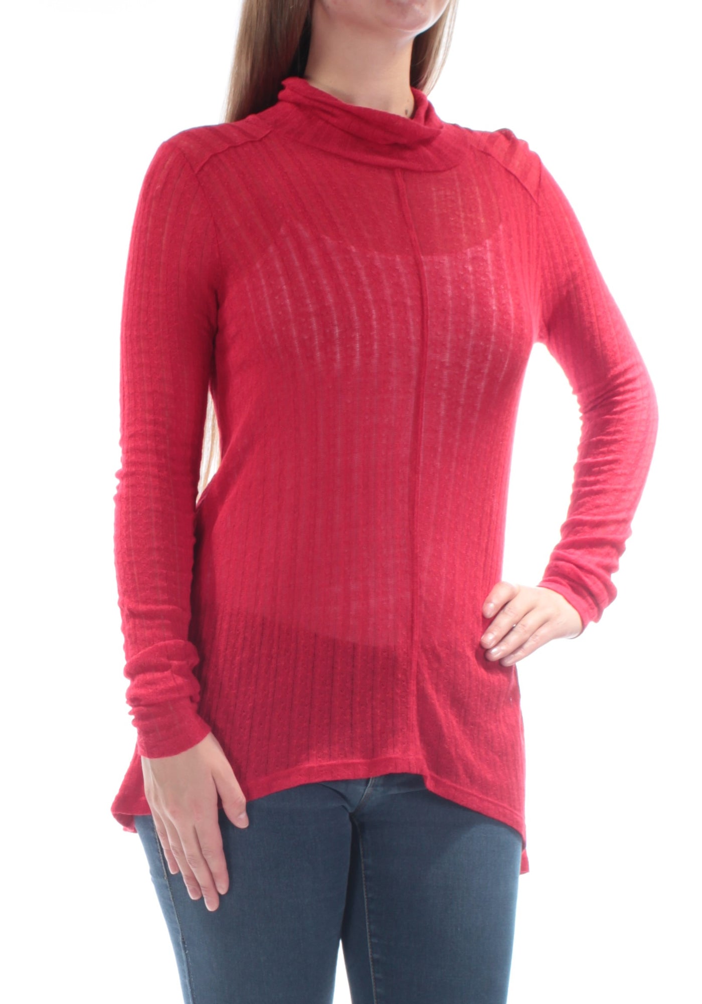 LUCKY BRAND Womens Red Slitted Sheer Long Sleeve Turtle Neck Top