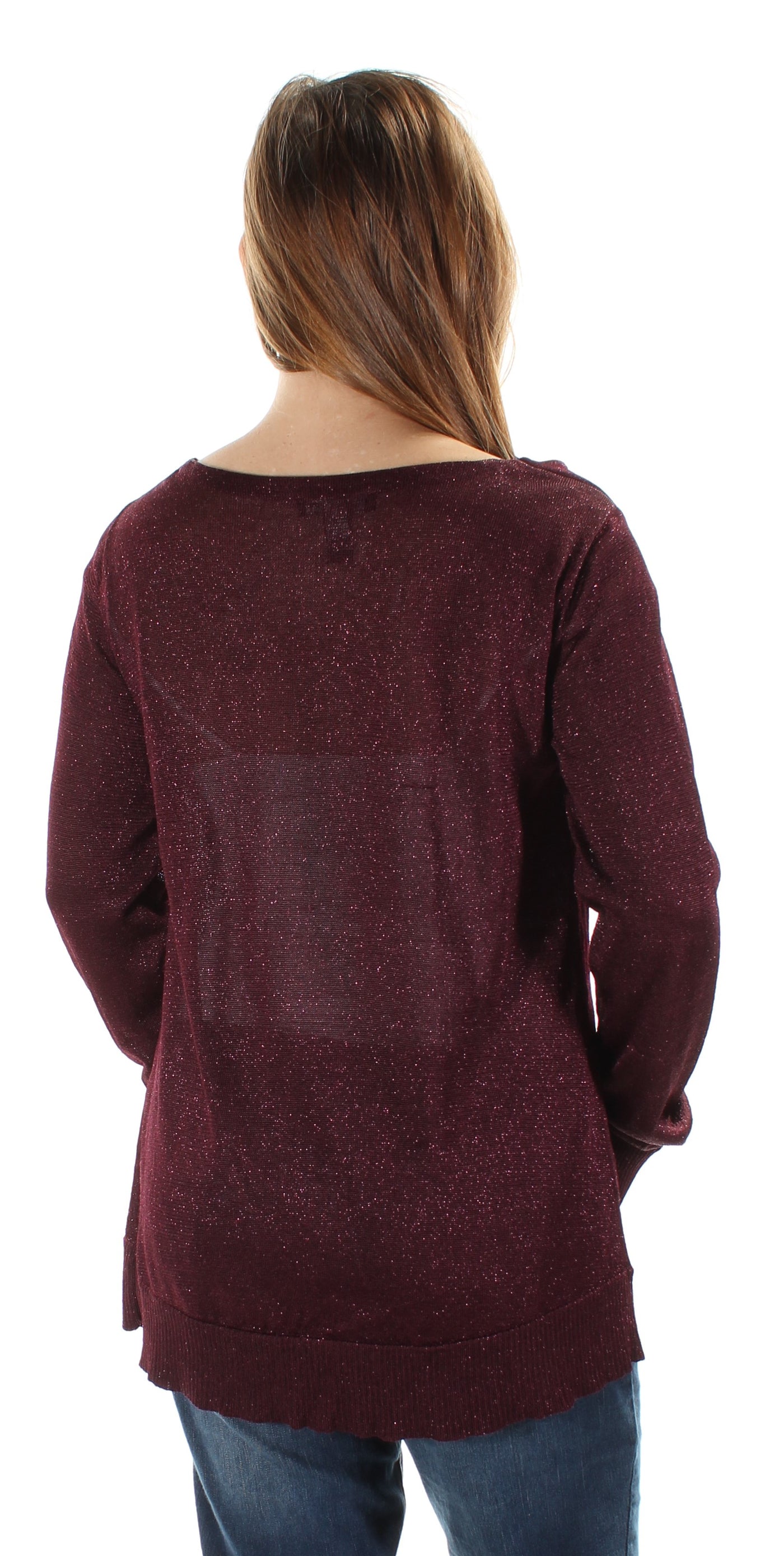 INC Womens Burgundy Glitter Long Sleeve Scoop Neck Top