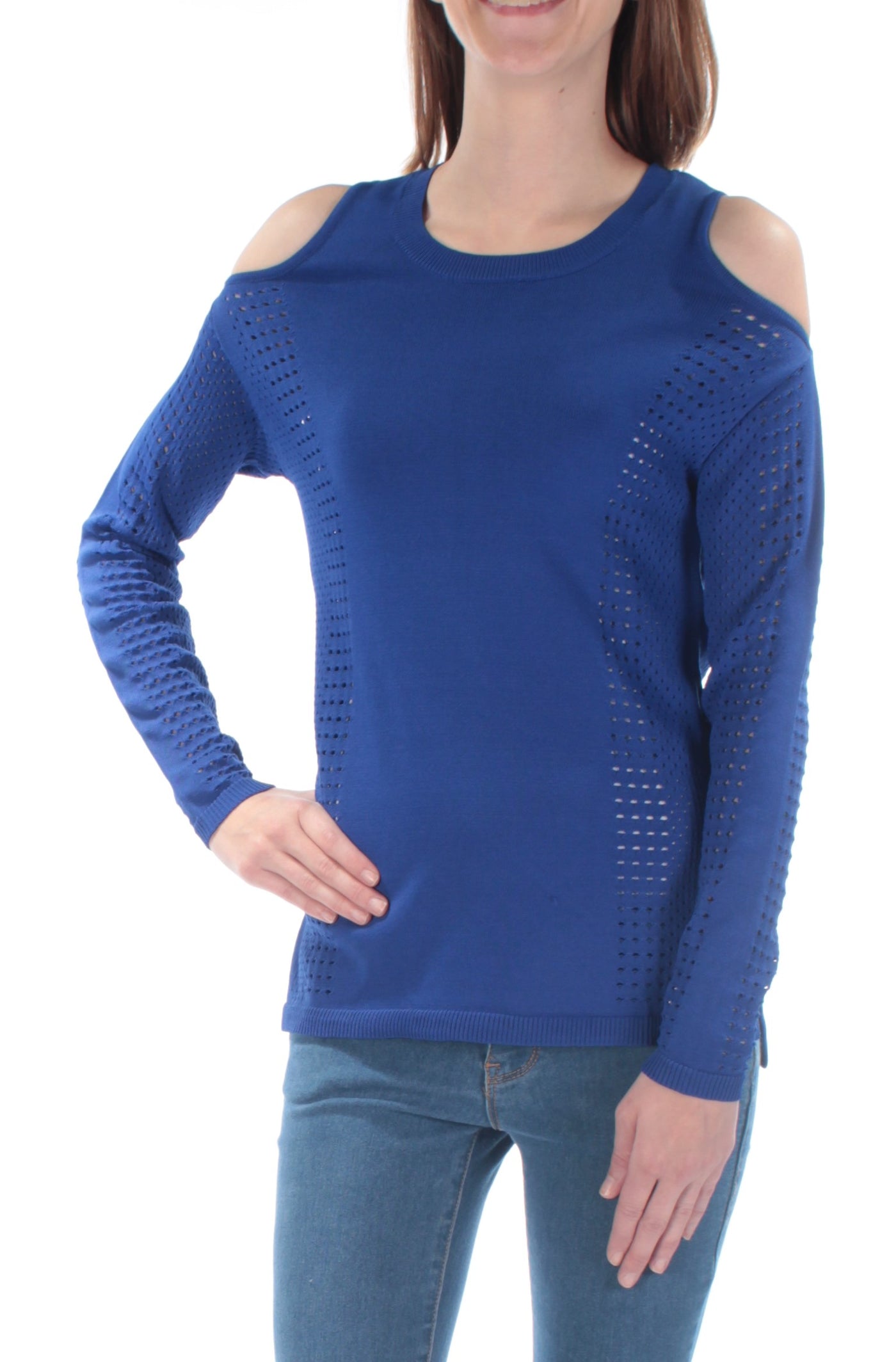 BAR III Womens Blue Cold Shoulder Eyelet Long Sleeve Scoop Neck Top