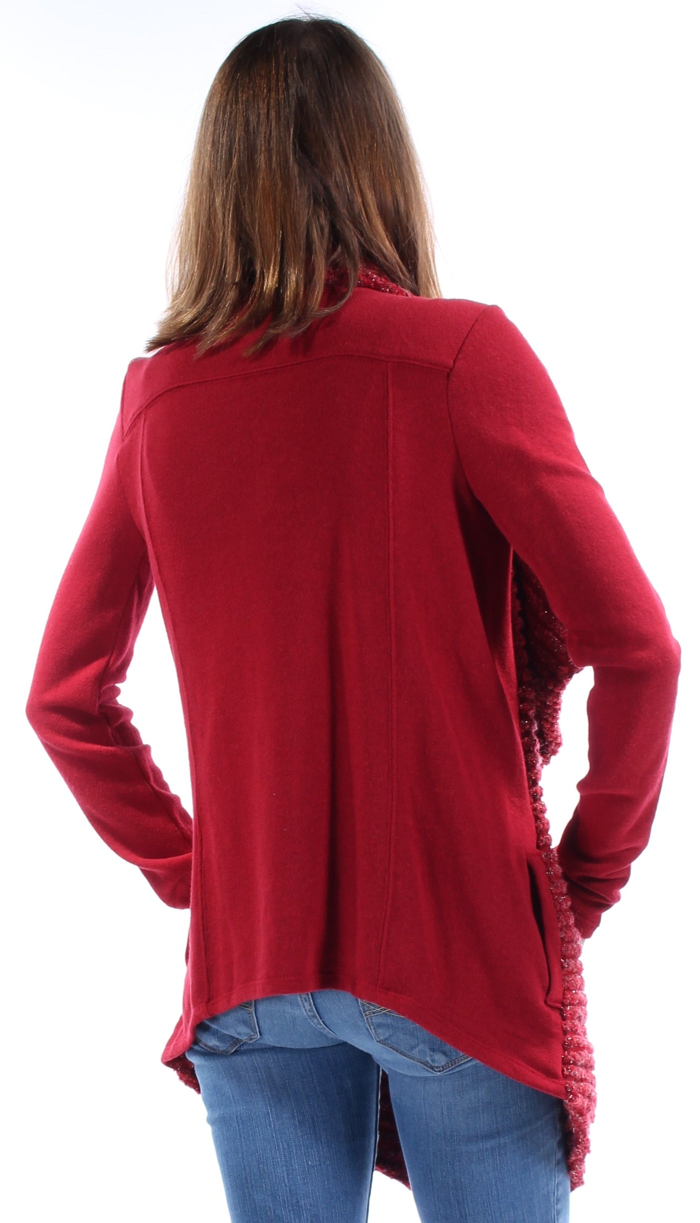 LUCKY BRAND Womens Red Textured Long Sleeve Open Trapeze Sweater