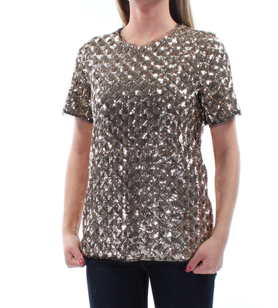 BAR III Womens Sequined Short Sleeve Jewel Neck Party Top