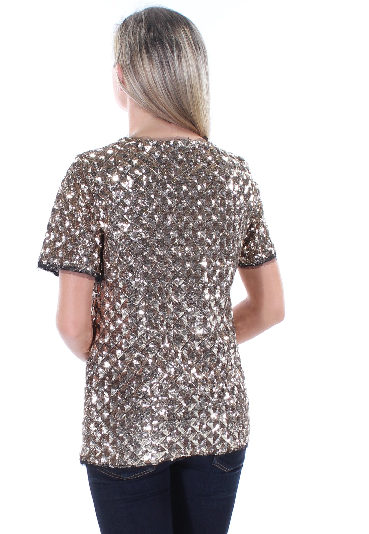 BAR III Womens Sequined Short Sleeve Jewel Neck Party Top