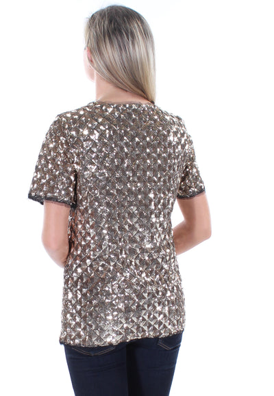 BAR III Womens Sequined Short Sleeve Jewel Neck Party Top