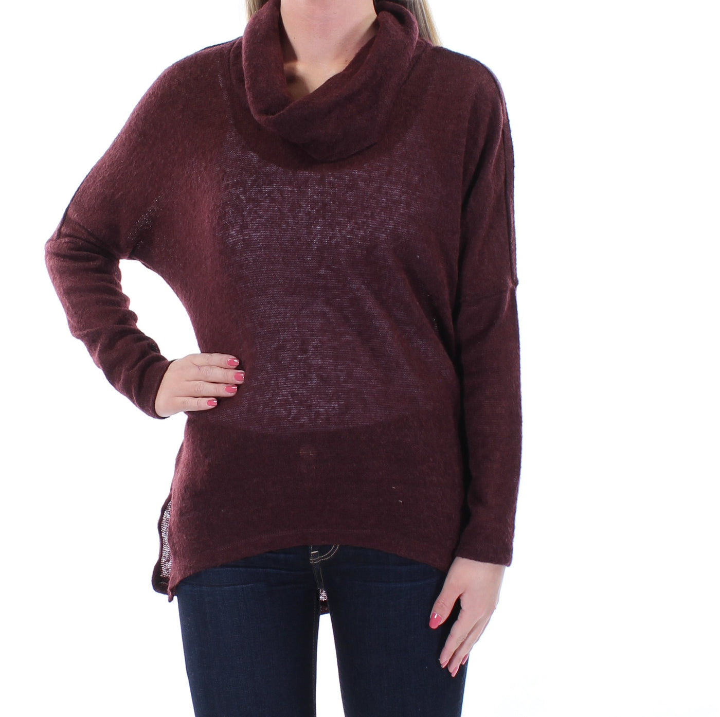 BAR III Womens Burgundy Sheer W/o Cami Long Sleeve Cowl Neck Sweater