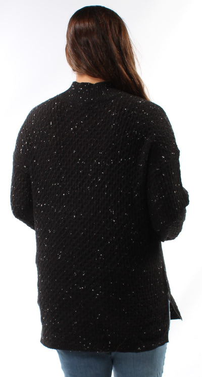 BAR III Womens Black Faux Leather Textured Knitted Speckle Long Sleeve Turtle Neck Sweater