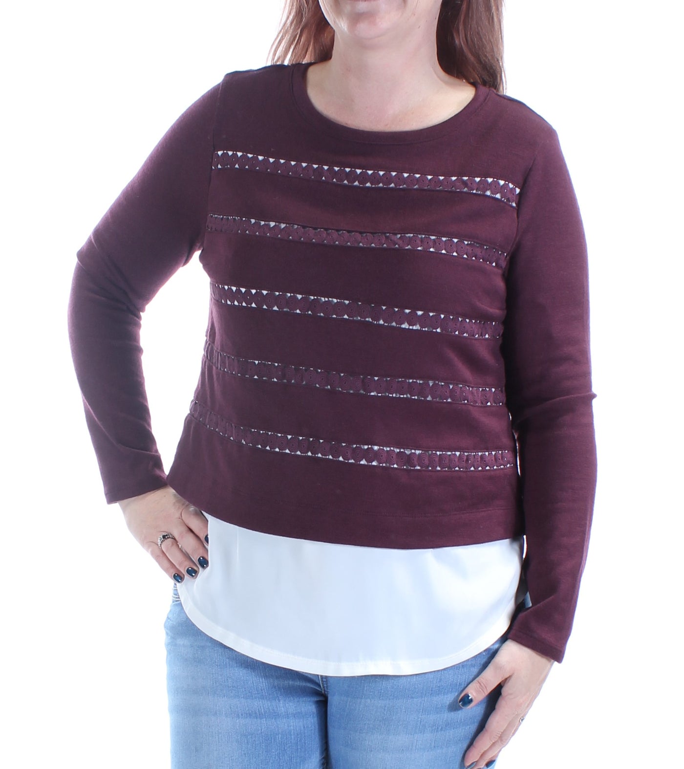 MAISON JULES Womens Maroon Long Sleeve Jewel Neck Sweater