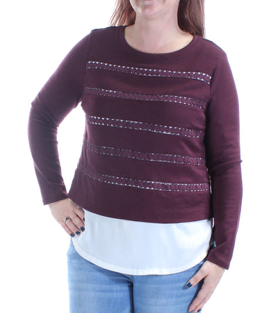 MAISON JULES Womens Maroon Long Sleeve Jewel Neck Sweater