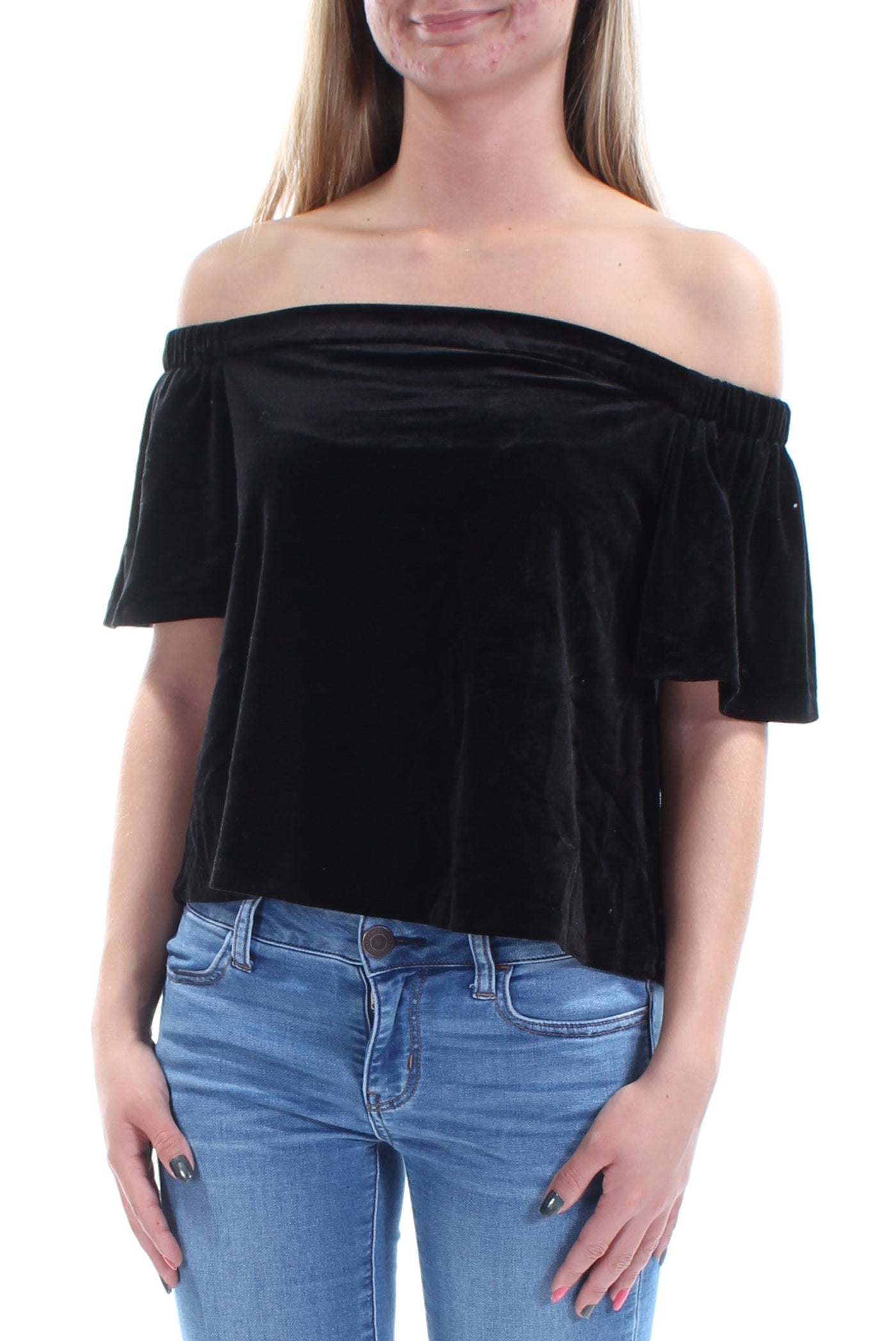 BAR III Womens Black Velvet Short Sleeve Off Shoulder Top