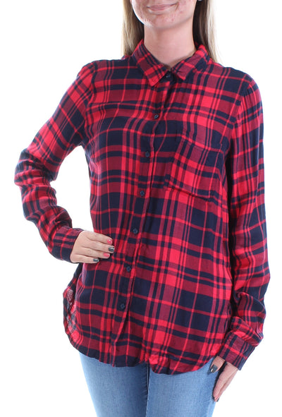 LUCKY BRAND Womens Red Plaid Cuffed Collared Button Up Top