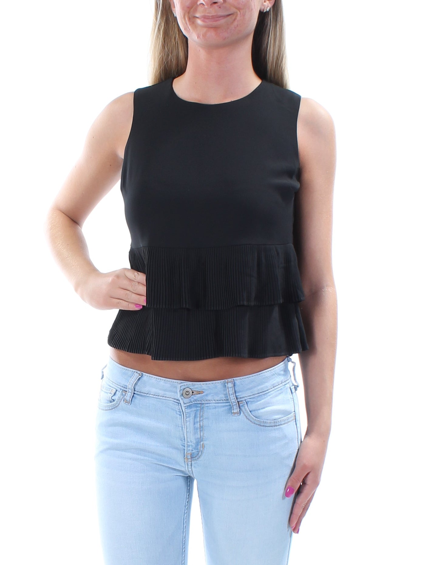 MAISON JULES Womens Black Teired Sleeveless Jewel Neck Crop Top