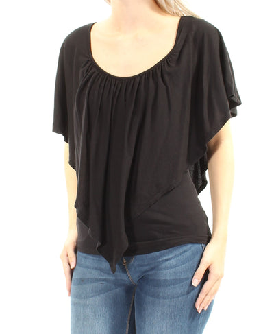 CHELSEA SKY Womens Black Dolman Sleeve Scoop Neck Peasant Top