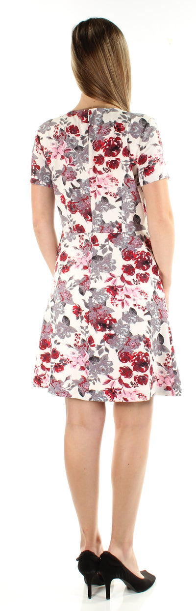 KENSIE Womens White Floral Short Sleeve Jewel Neck Above The Knee A-Line Dress