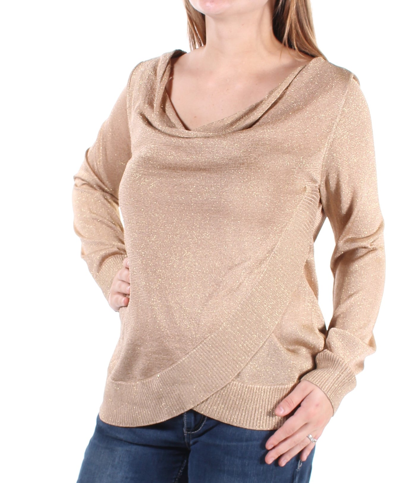 INC Womens Gold Long Sleeve Scoop Neck Faux Wrap Top