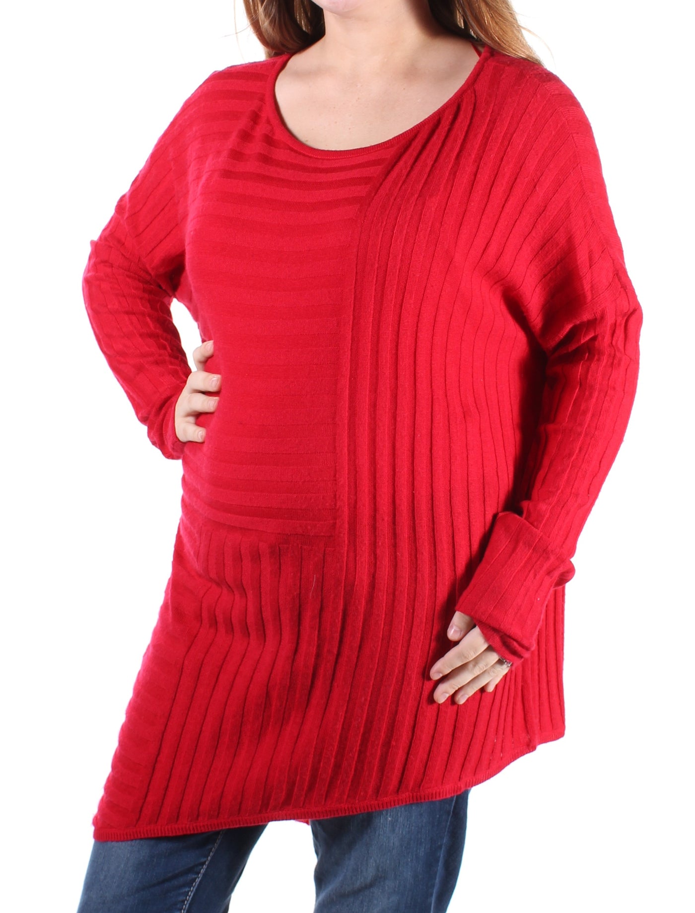 INC Womens Red Long Sleeve Scoop Neck Sweater