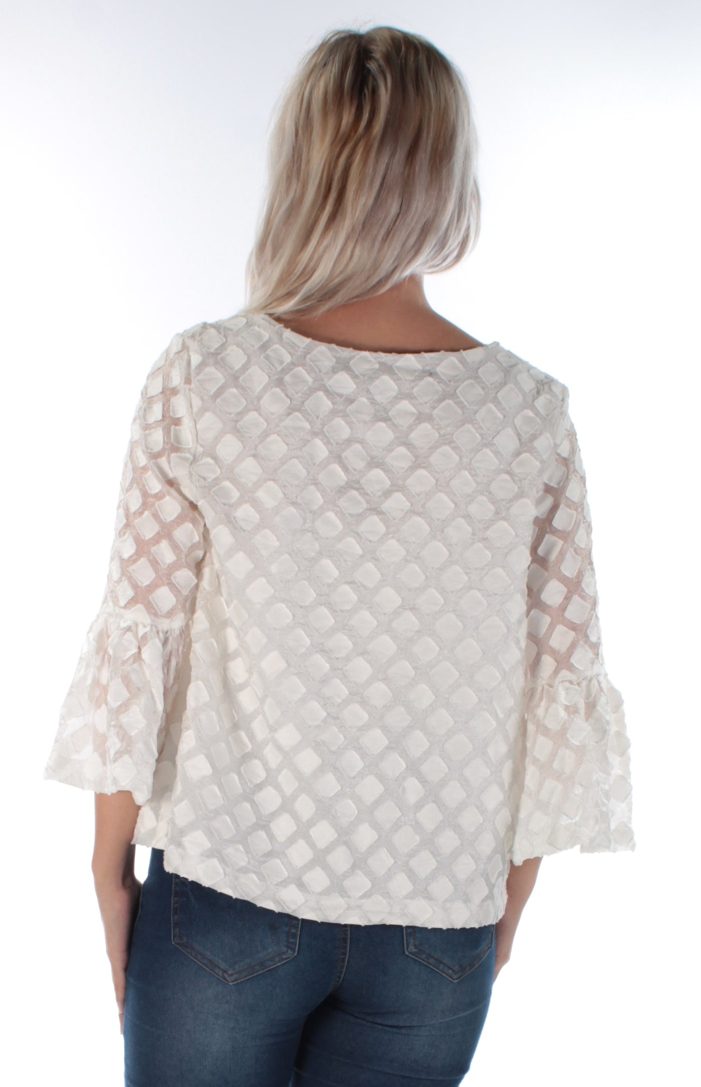 KENSIE Womens White Geometric 3/4 Sleeve Jewel Neck Top