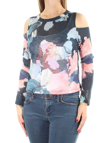 BAR III Womens Navy Cut Out Sheer W/o Cami Floral Long Sleeve Jewel Neck Top M