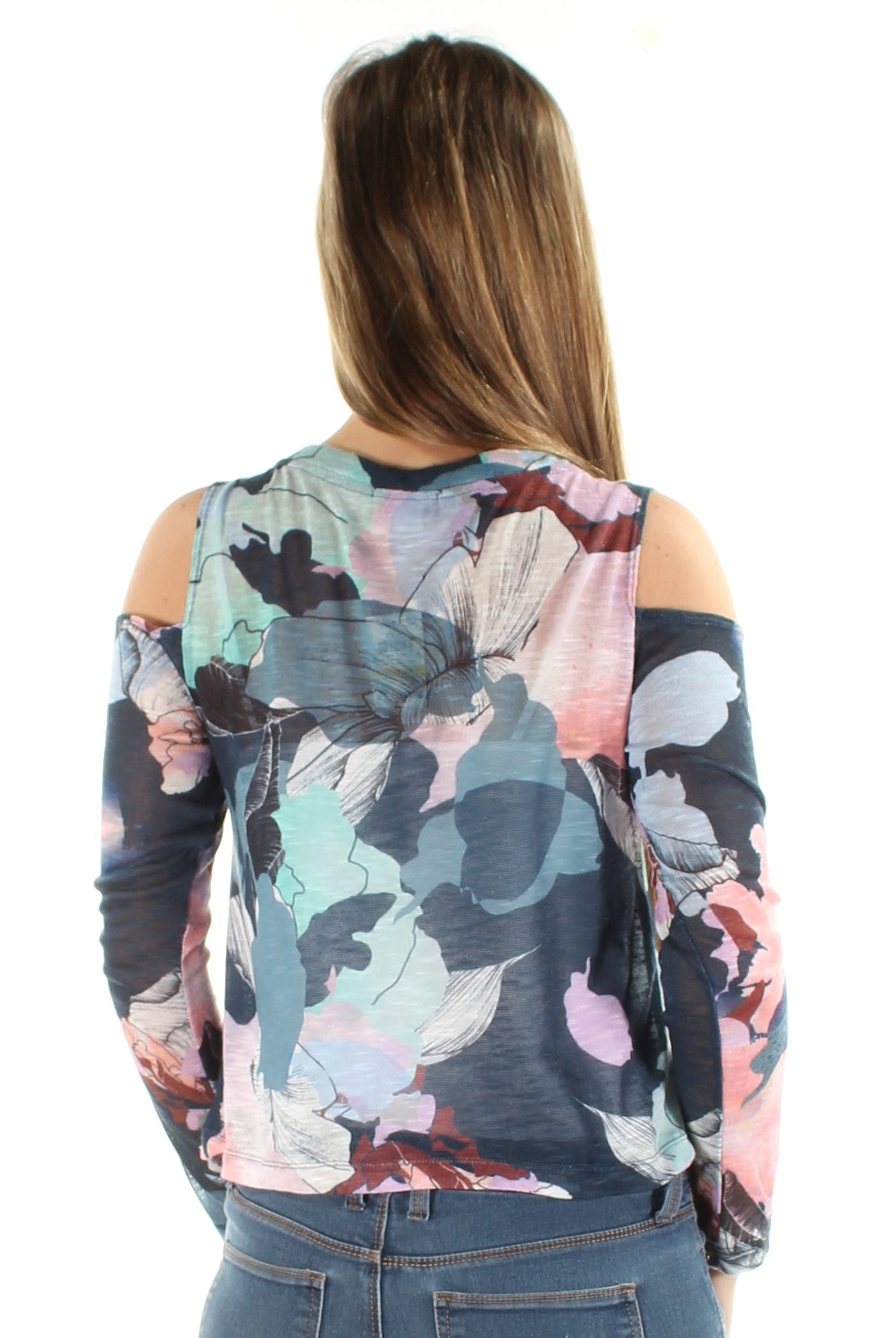 BAR III Womens Navy Cut Out Sheer W/o Cami Floral Long Sleeve Jewel Neck Top M