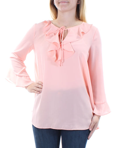 MAX STUDIO Womens Pink Ruffled Tie Long Sleeve Jewel Neck Top